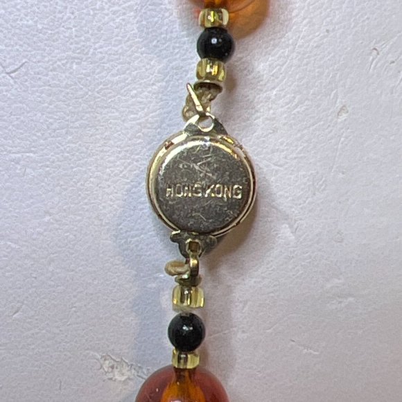 Vintage Single Strand Gold Tone Wooden & Orange Plastic Bead Necklace 33" (3893) - Picture 6 of 7